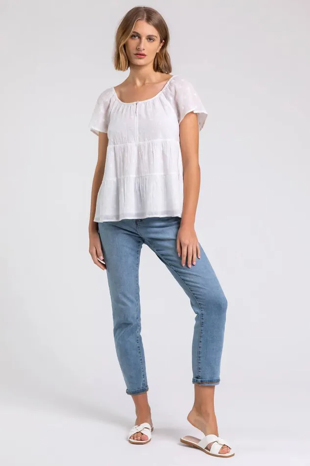 Ivory Tie Back Embroidered Cotton Top Women Roman Tops