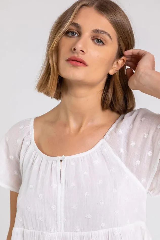 Ivory Tie Back Embroidered Cotton Top Women Roman Tops