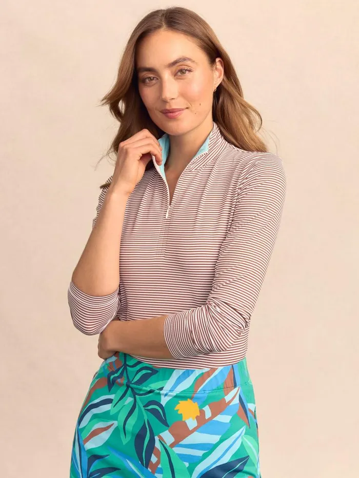 JMcLaughlin Ace 14 Zip Top In Stripe Whitecoffee Women Shirts and Tops