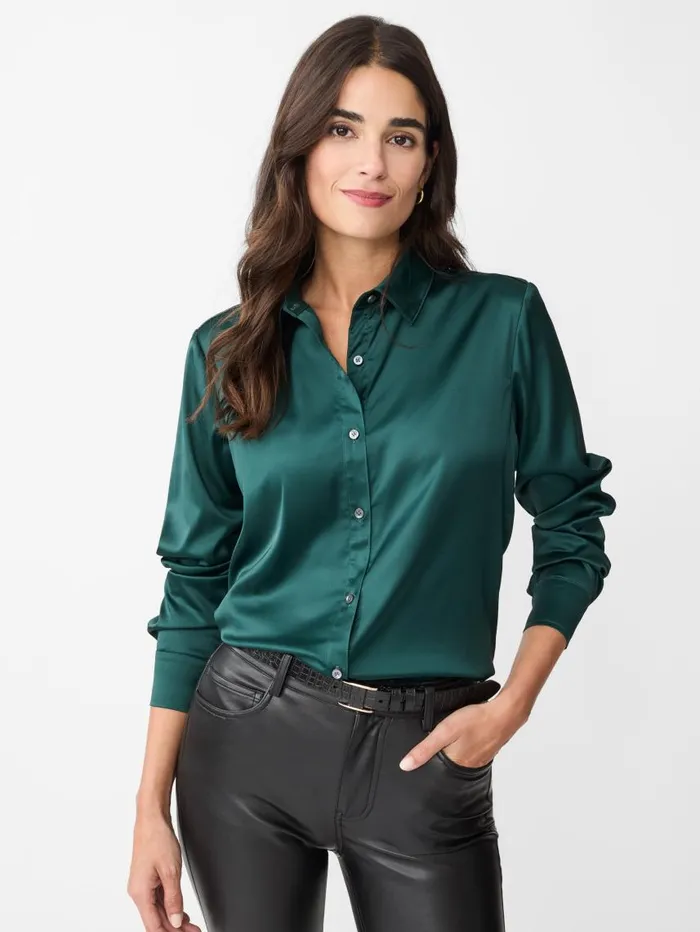JMcLaughlin Denver Satin Shirt Emerald Green Women Shirts and Tops