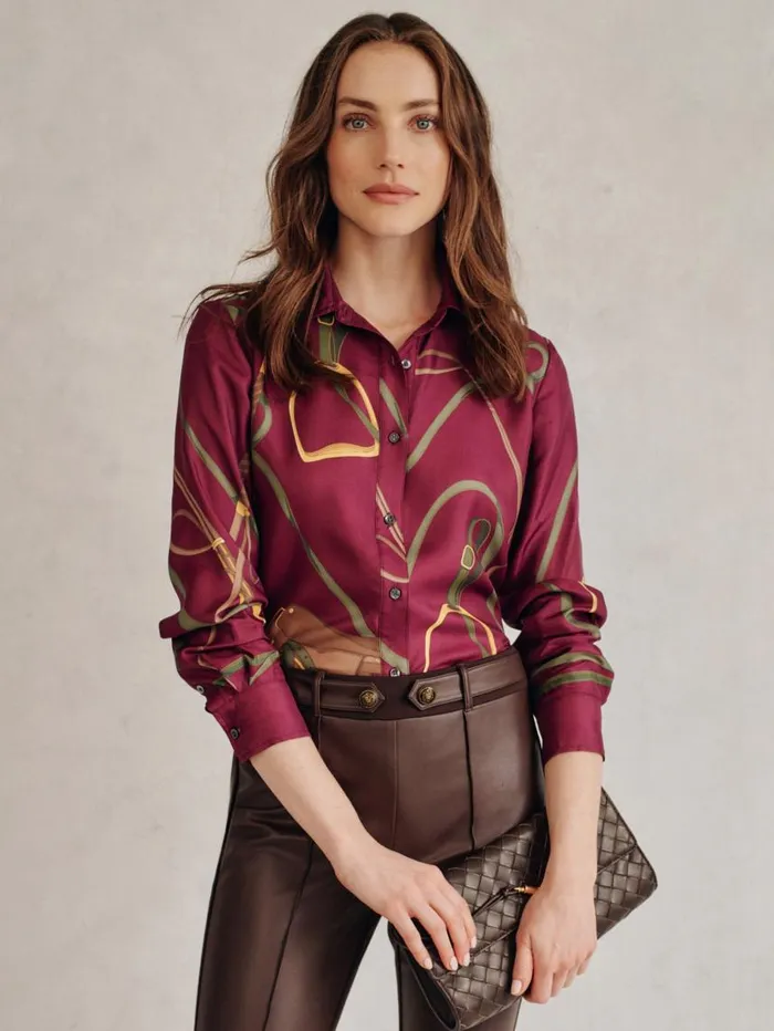 JMcLaughlin Denver Silk Blend Shirt In Modern Palomino Burgundyolive Women Shirts and Tops JMcLaughlin Denver Silk Blend Shirt In Modern Palomino Burgundyolive Women Shirts and Tops