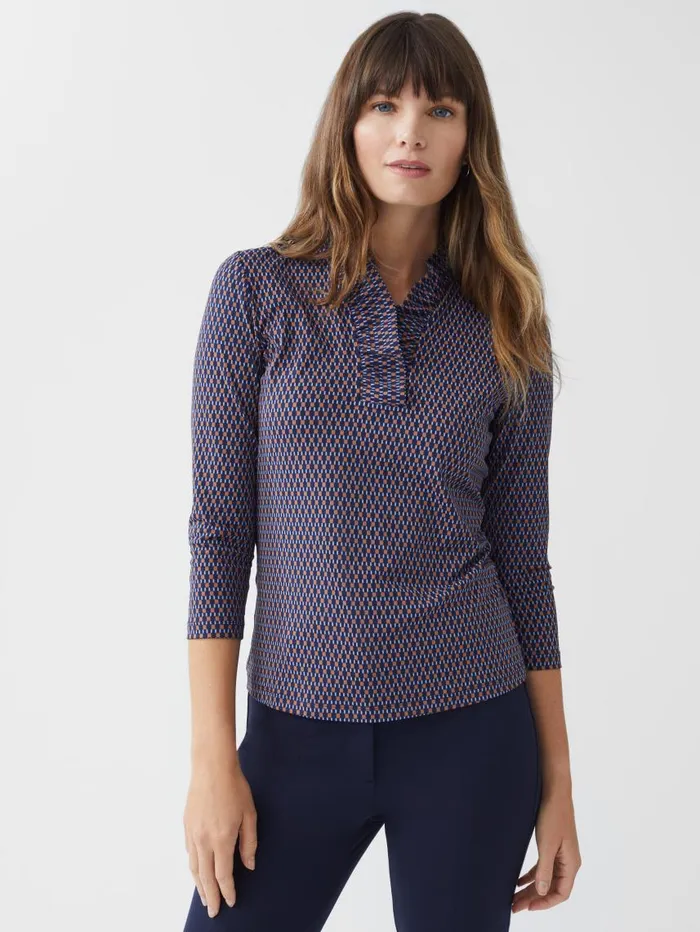 JMcLaughlin Durham Ruffle Top In Rubiks Check Navybrown Women Shirts and Tops