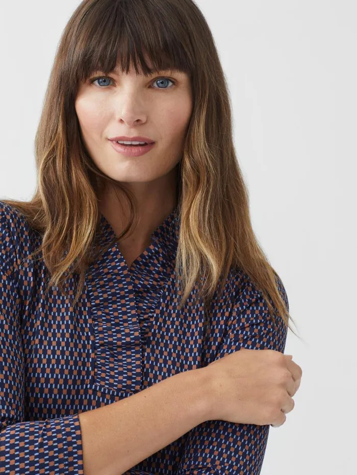 JMcLaughlin Durham Ruffle Top In Rubiks Check Navybrown Women Shirts and Tops JMcLaughlin Durham Ruffle Top In Rubiks Check Navybrown Women Shirts and Tops
