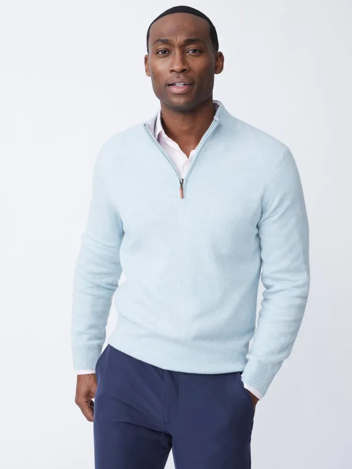 JMcLaughlin Henry Cashmere 14 Zip Heather Aqua Men Sweaters
