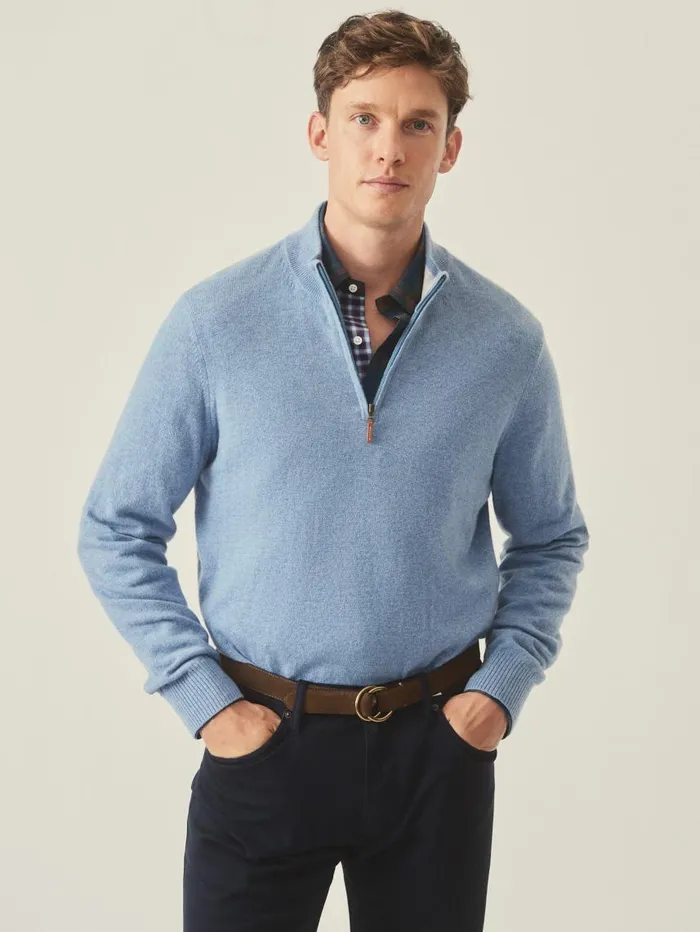 JMcLaughlin Henry Cashmere 14 Zip Washed Denim Men Sweaters
