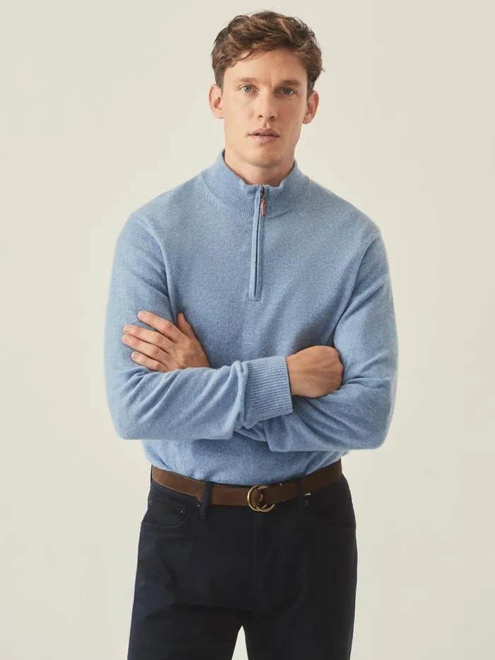 JMcLaughlin Henry Cashmere 14 Zip Washed Denim Men Sweaters JMcLaughlin Henry Cashmere 14 Zip Washed Denim Men Sweaters