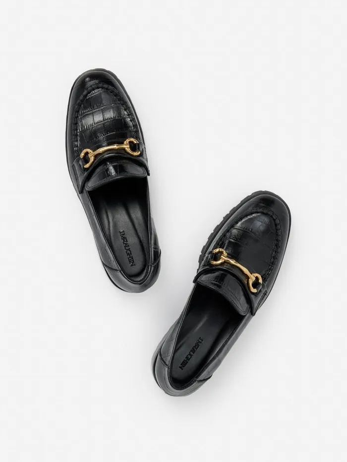 JMcLaughlin Monika Lug Sole Leather Loafers In Croc Black Women Loafers JMcLaughlin Monika Lug Sole Leather Loafers In Croc Black Women Loafers
