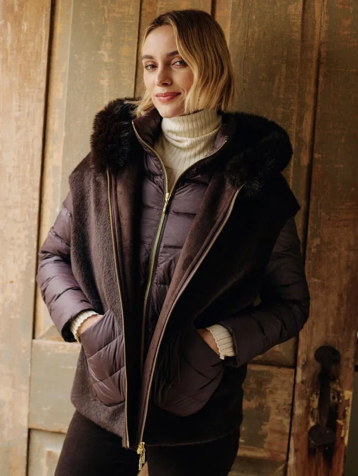 JMcLaughlin Nomi Puffer Jacket With Faux Fur Vest Dark Brown Women Jackets and Outerwear JMcLaughlin Nomi Puffer Jacket With Faux Fur Vest Dark Brown Women Jackets and Outerwear