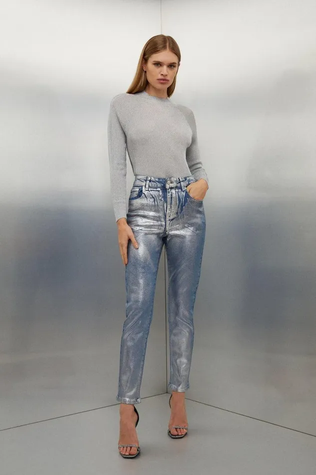 Jeans Women Karen Millen High Rise Slim Leg Silver Foiled Jeans Mid Blue