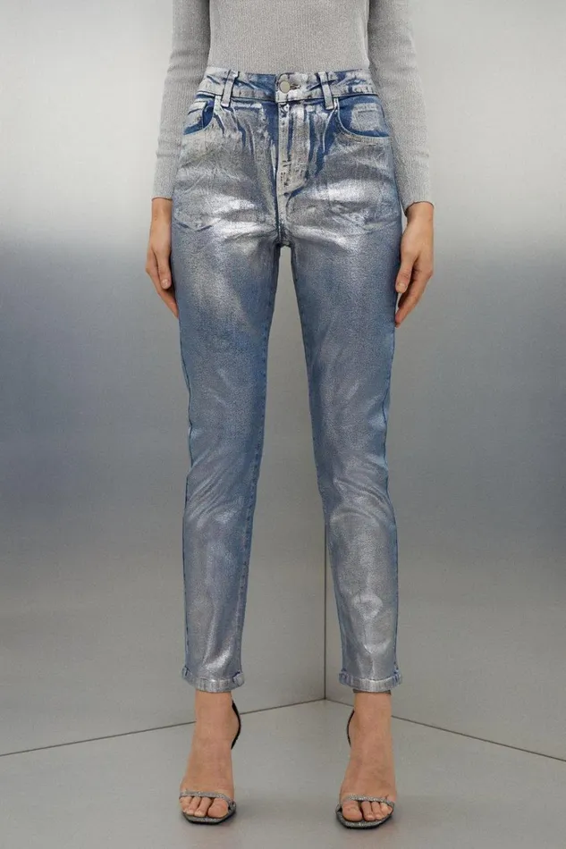 Jeans Women Karen Millen High Rise Slim Leg Silver Foiled Jeans Mid Blue