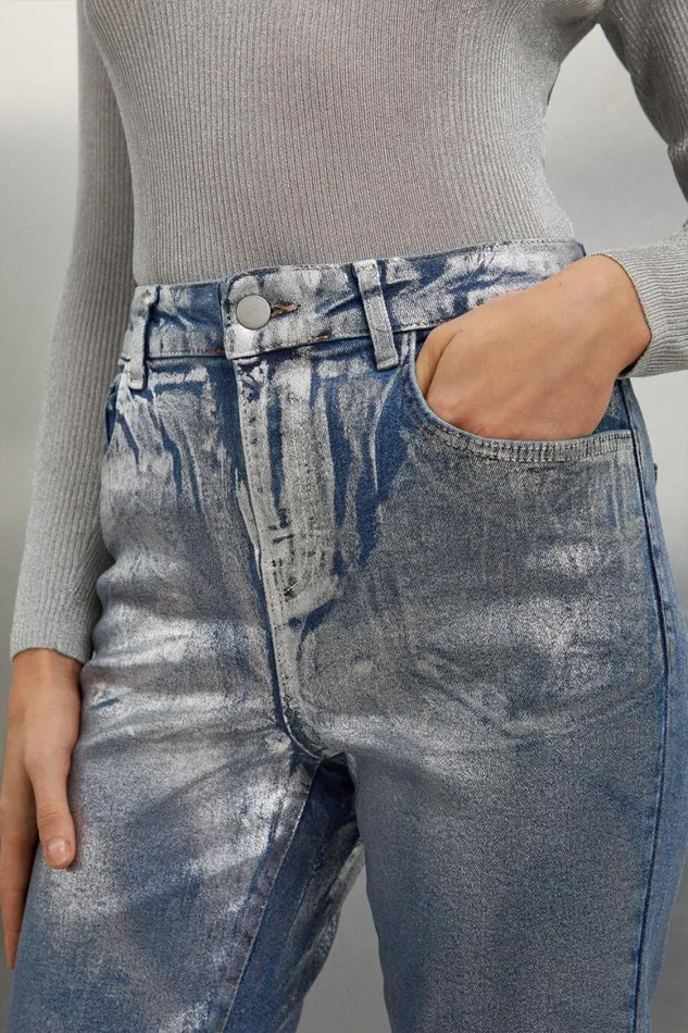 Jeans Women Karen Millen High Rise Slim Leg Silver Foiled Jeans Mid Blue