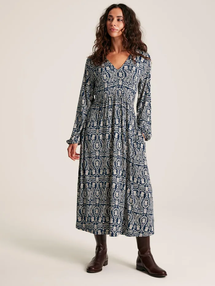 Joules Dresses Navy Printed Long Sleeve Midaxi Dress With Pockets 8211 Women