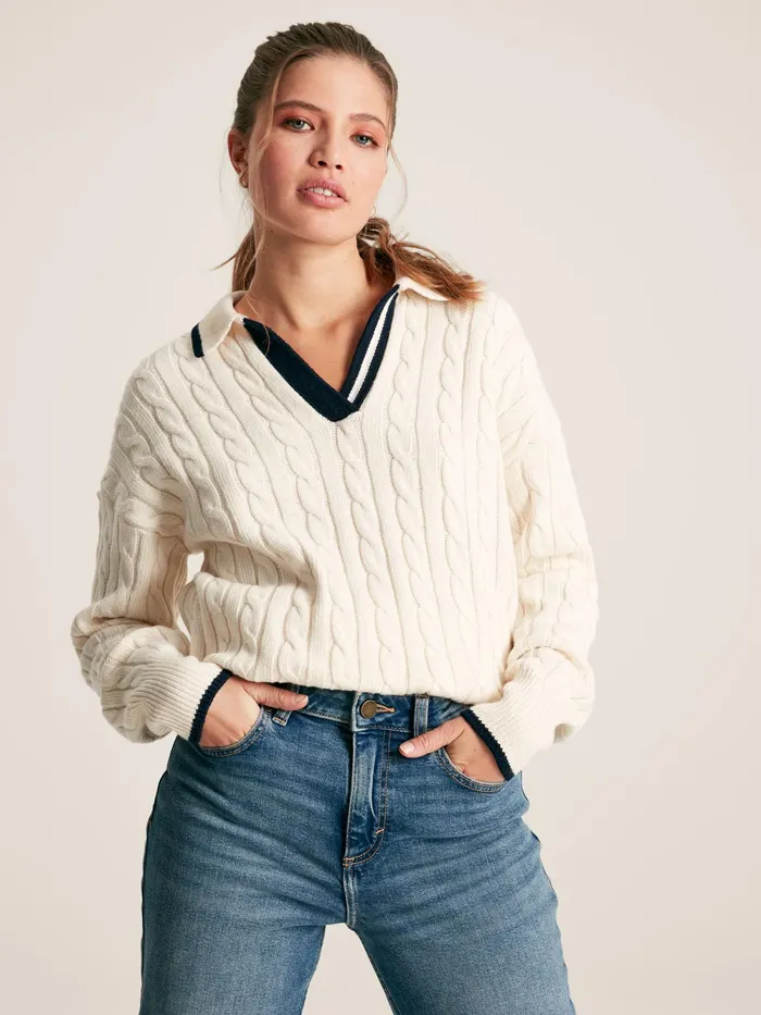 Joules Knitwear CreamNavy Cable Knit Cricket Jumper 8211 Women