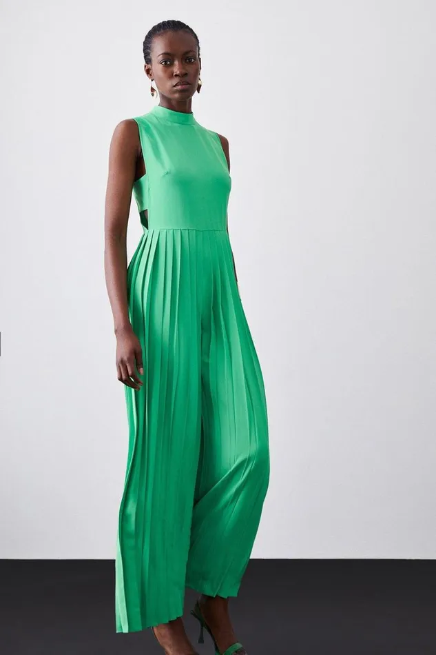 Jumpsuits Women Karen Millen High Neck Tie Waisted Full Pleated Jumpsuit Green Jumpsuits Women Karen Millen High Neck Tie Waisted Full Pleated Jumpsuit Green