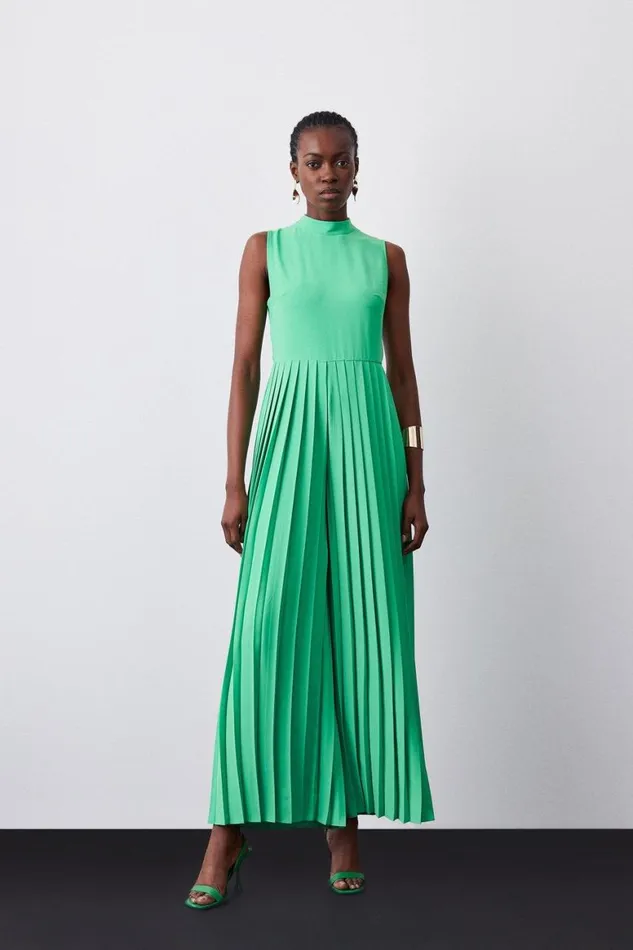 Jumpsuits Women Karen Millen High Neck Tie Waisted Full Pleated Jumpsuit Green