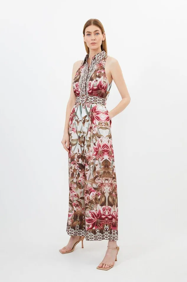 Jumpsuits Women Karen Millen Linen Viscose Border Print Woven Halter Jumpsuit Floral Jumpsuits Women Karen Millen Linen Viscose Border Print Woven Halter Jumpsuit Floral