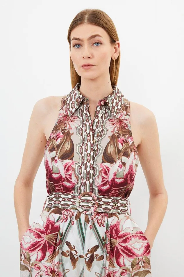 Jumpsuits Women Karen Millen Linen Viscose Border Print Woven Halter Jumpsuit Floral