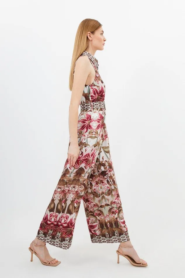Jumpsuits Women Karen Millen Linen Viscose Border Print Woven Halter Jumpsuit Floral