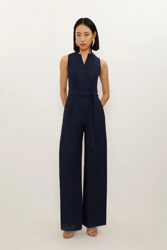 Jumpsuits Women Karen Millen Premium Tailored Linen Notch Neck Belted Straight Leg Jumpsuit Navy Jumpsuits Women Karen Millen Premium Tailored Linen Notch Neck Belted Straight Leg Jumpsuit Navy