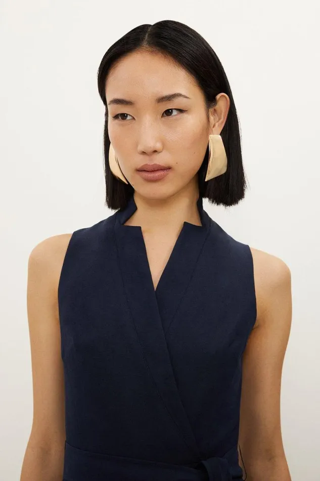 Jumpsuits Women Karen Millen Premium Tailored Linen Notch Neck Belted Straight Leg Jumpsuit Navy