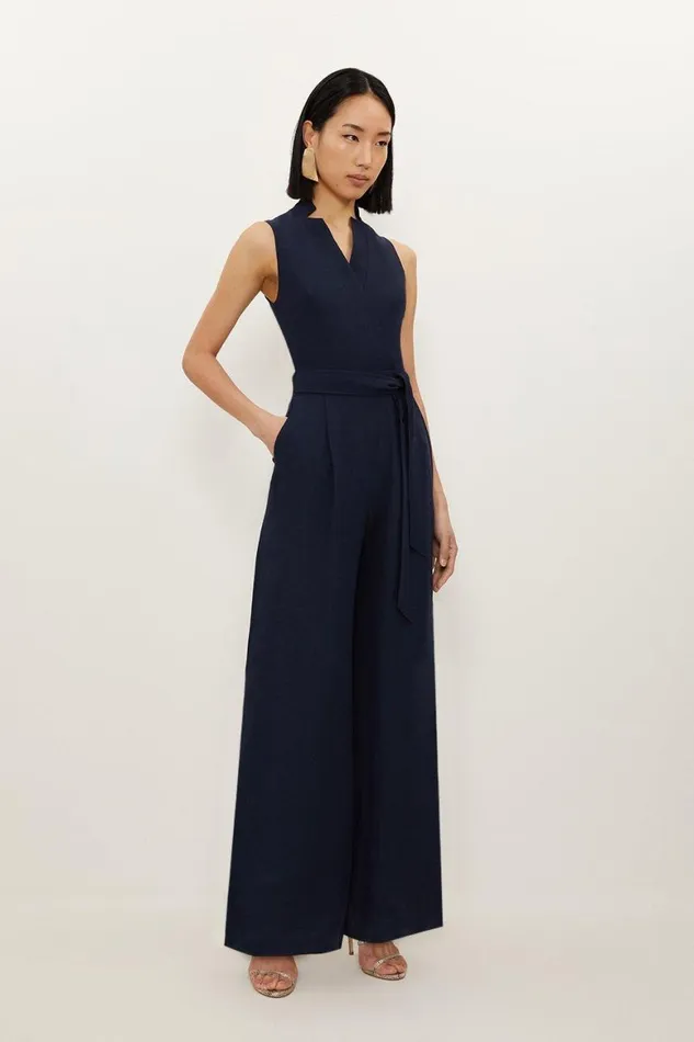 Jumpsuits Women Karen Millen Premium Tailored Linen Notch Neck Belted Straight Leg Jumpsuit Navy