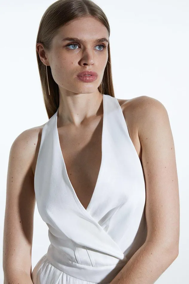 Jumpsuits Women Karen Millen Satin Crepe Woven Wide Leg Jumpsuit Ivory