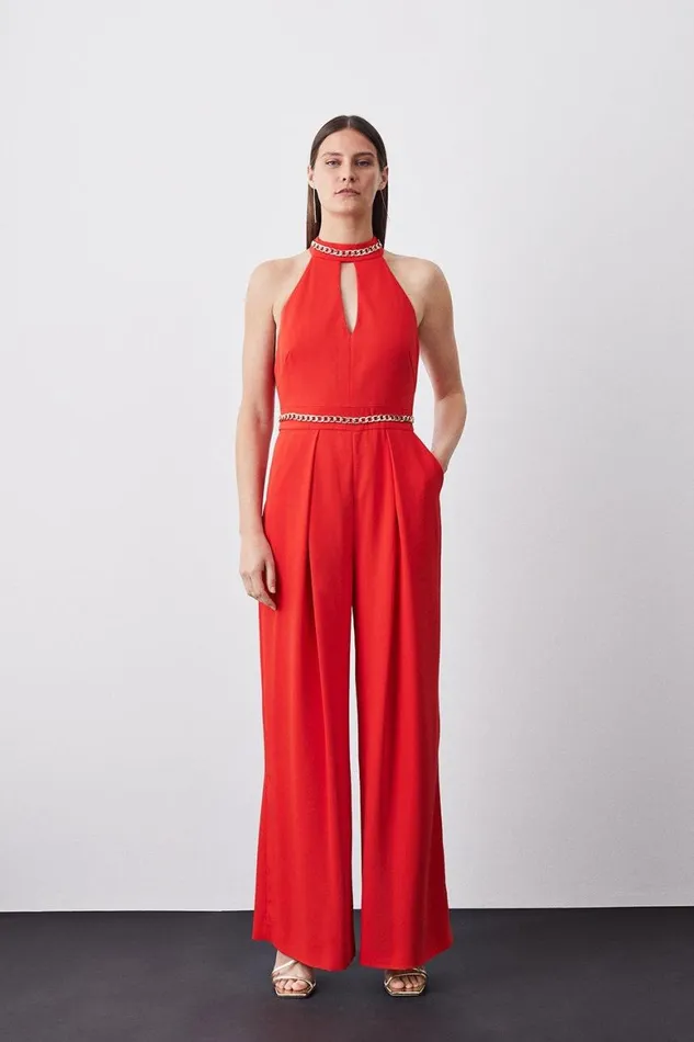Jumpsuits Women Karen Millen Soft Tailored Chain Detail Halter Jumpsuit Red
