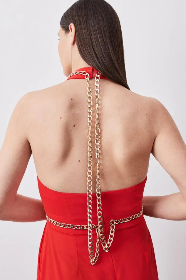 Jumpsuits Women Karen Millen Soft Tailored Chain Detail Halter Jumpsuit Red