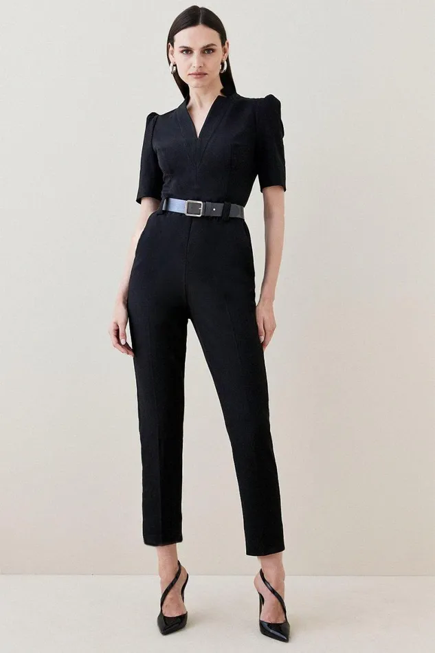 Jumpsuits Women Karen Millen Structured Crepe Forever Belted Jumpsuit Black