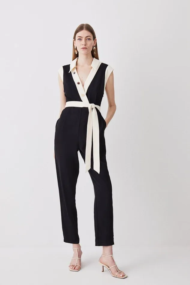 Jumpsuits Women Karen Millen Twill Button Detail Woven Wrap Jumpsuit Black