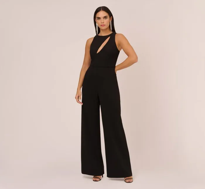 Jumpsuits Womens Adrianna Papell Knit Crepe Wide Leg Jumpsuit With Cutout Accent In Black
