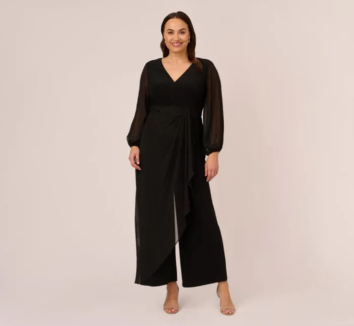 Jumpsuits Womens Adrianna Papell Plus Size Long Sleeve Jersey Jumpsuit With Chiffon Details In Black Jumpsuits Womens Adrianna Papell Plus Size Long Sleeve Jersey Jumpsuit With Chiffon Details In Black