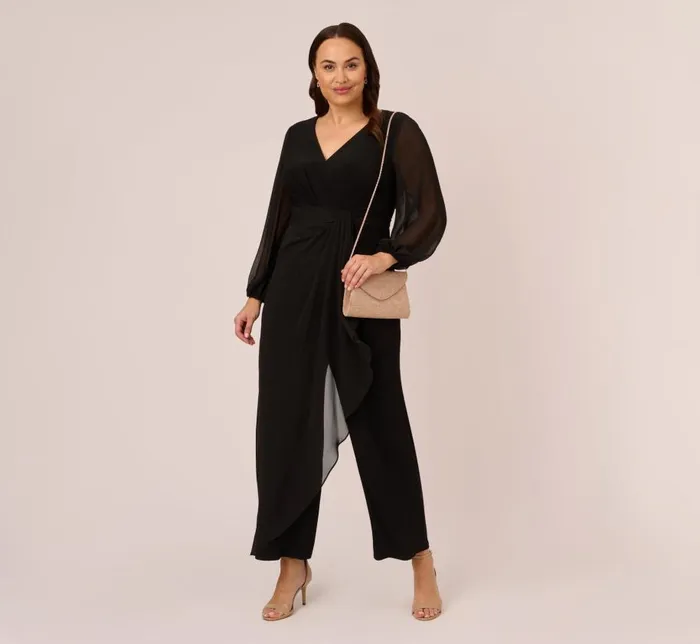 Jumpsuits Womens Adrianna Papell Plus Size Long Sleeve Jersey Jumpsuit With Chiffon Details In Black