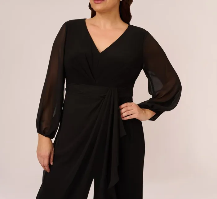 Jumpsuits Womens Adrianna Papell Plus Size Long Sleeve Jersey Jumpsuit With Chiffon Details In Black