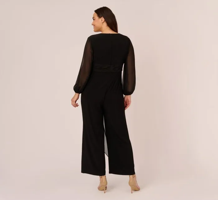 Jumpsuits Womens Adrianna Papell Plus Size Long Sleeve Jersey Jumpsuit With Chiffon Details In Black