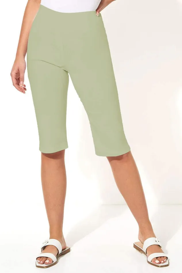 Khaki Elastic Waist Knee Length Stretch Shorts Women Roman Coords