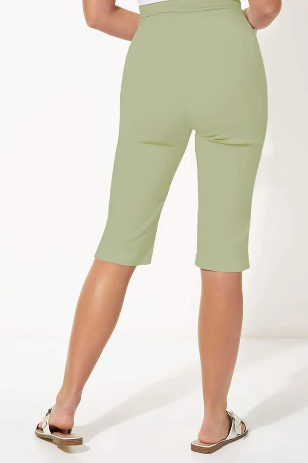 Khaki Elastic Waist Knee Length Stretch Shorts Women Roman Coords