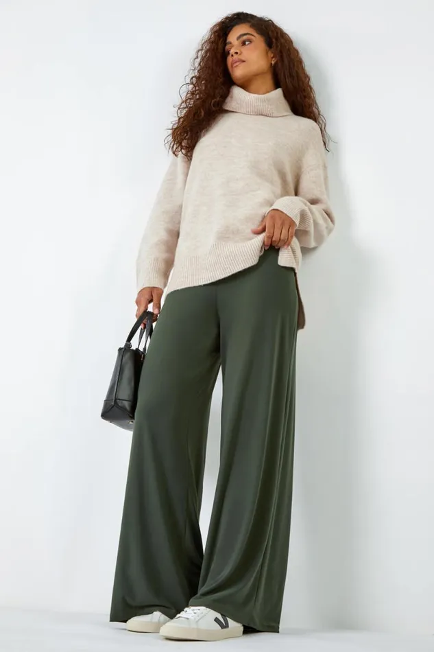 Khaki Elastic Waist Wide Leg Stretch Trousers Women Roman Trousers