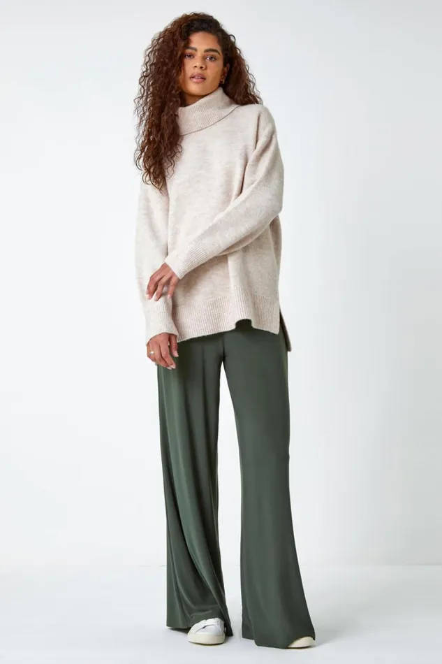 Khaki Elastic Waist Wide Leg Stretch Trousers Women Roman Trousers
