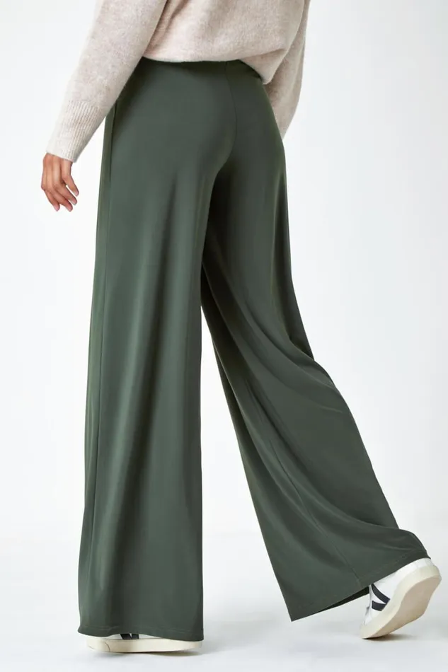 Khaki Elastic Waist Wide Leg Stretch Trousers Women Roman Trousers