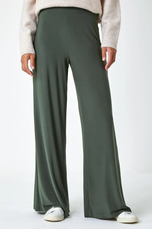 Khaki Elastic Waist Wide Leg Stretch Trousers Women Roman Trousers