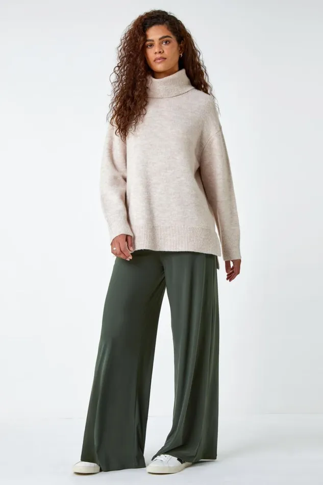 Khaki Elastic Waist Wide Leg Stretch Trousers Women Roman Trousers