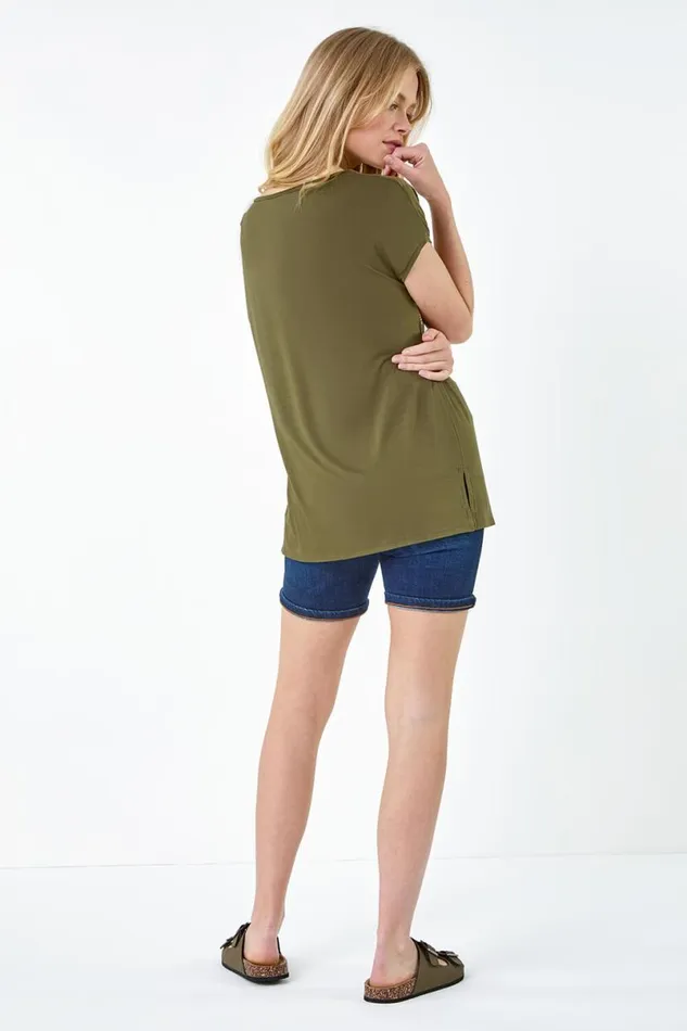 Khaki Foil Print Stretch Jersey TShirt Women Roman Tops