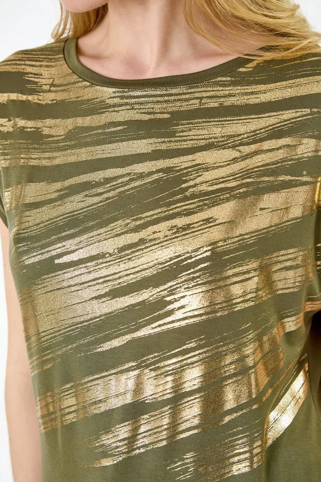 Khaki Foil Print Stretch Jersey TShirt Women Roman Tops
