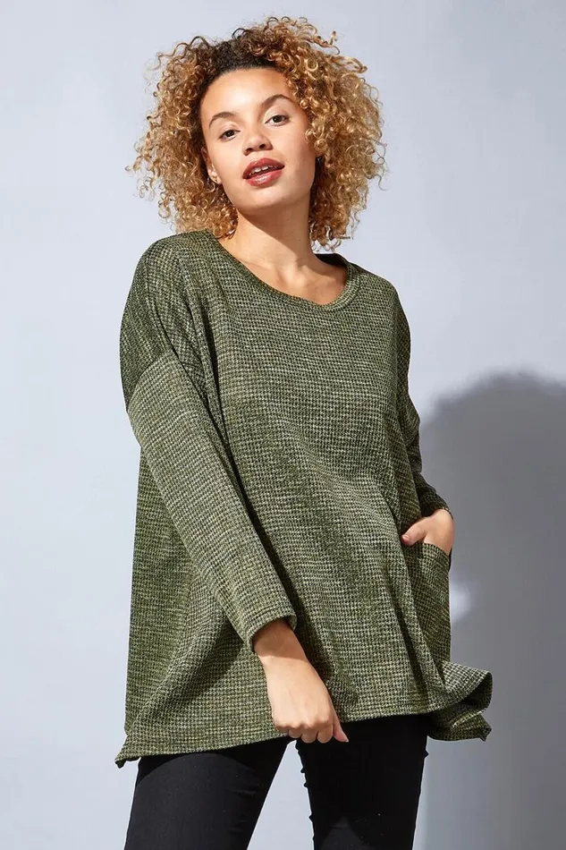 Khaki Long Sleeve Textured Jersey Top Women Roman Tops