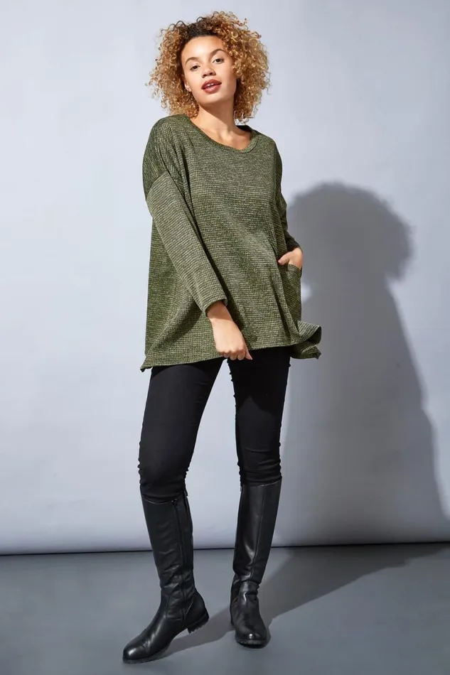 Khaki Long Sleeve Textured Jersey Top Women Roman Tops