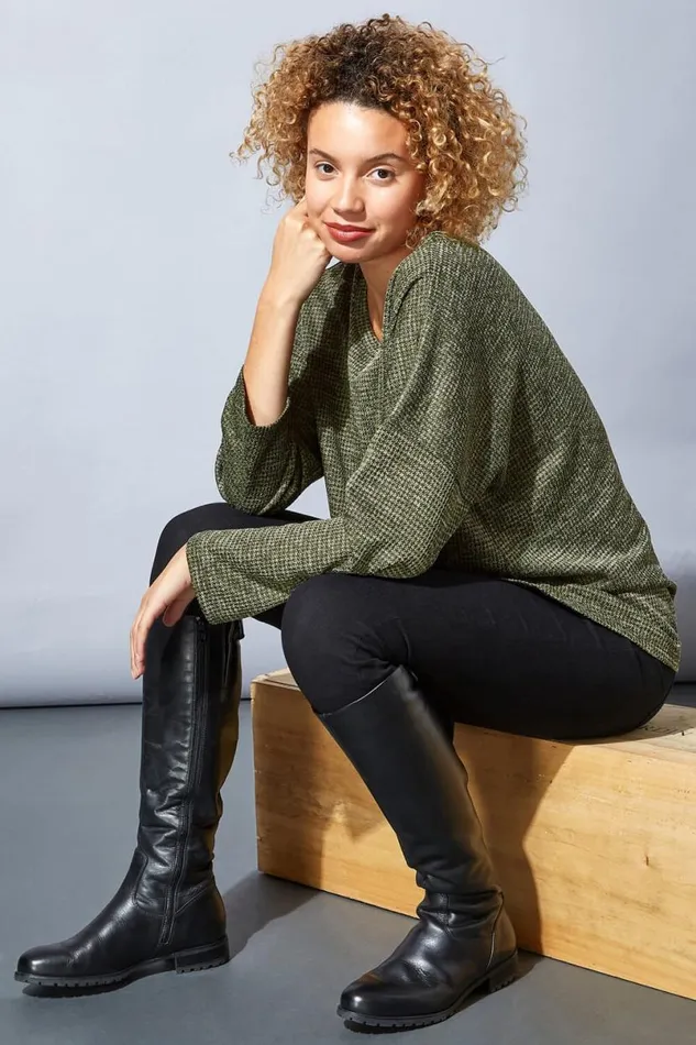 Khaki Long Sleeve Textured Jersey Top Women Roman Tops