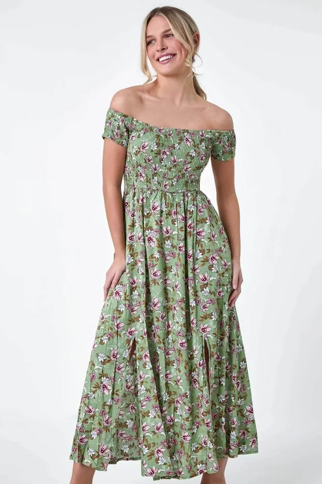 Khaki Petite Floral Shirred Bardot Midi Dress Women Roman Dresses