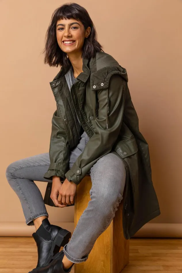 Khaki Waxed Longline Hooded Coat Women Roman Coats