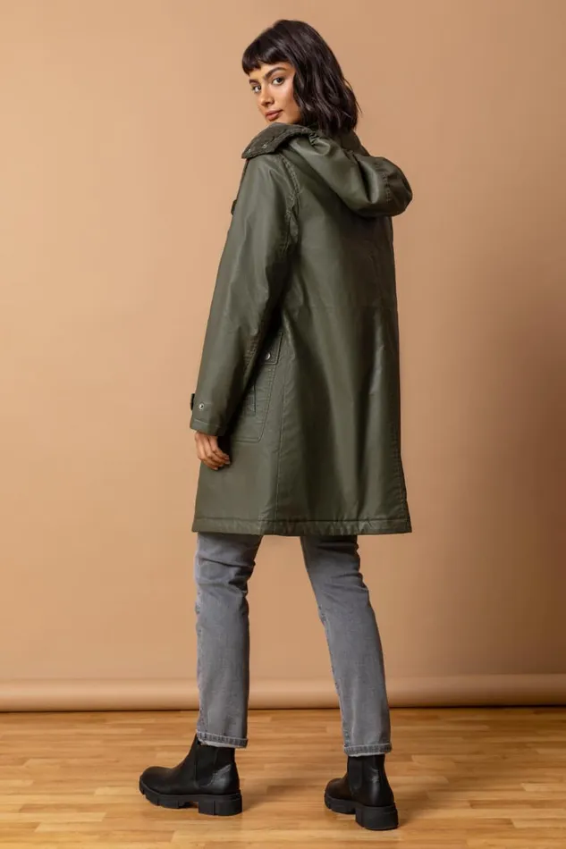 Khaki Waxed Longline Hooded Coat Women Roman Coats